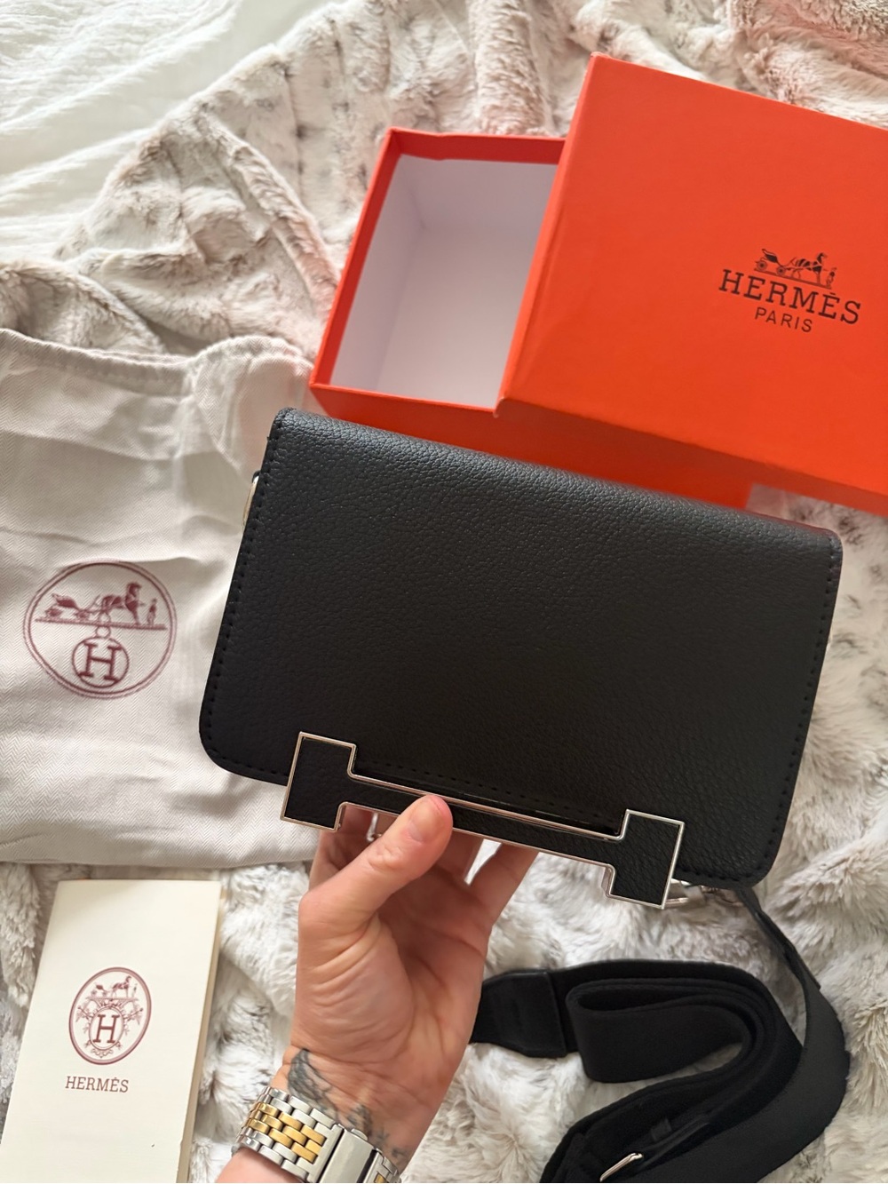 Inspired Black Leather Crossbody with Orange Box Accent - Picture 7 of 10